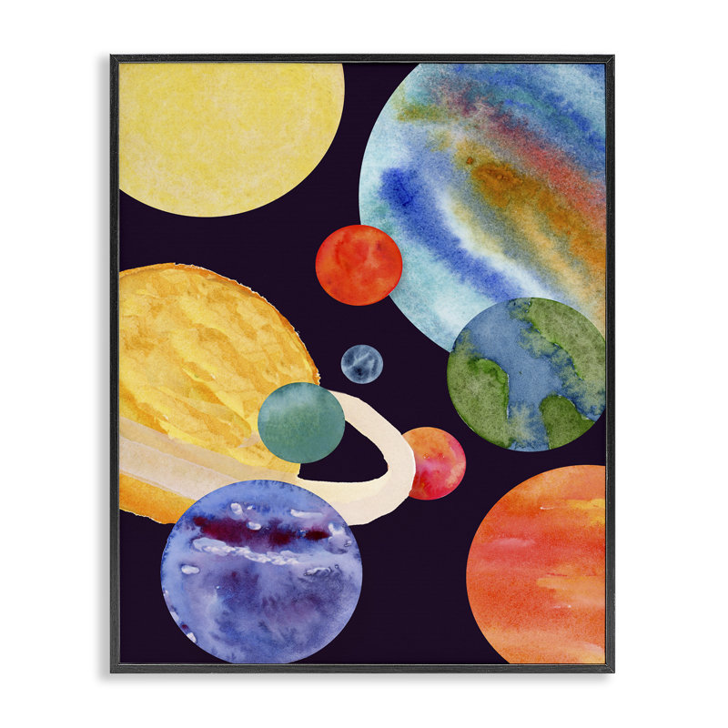 Giclée encadrée de planètes dans l'espace, design par Corinne Rose Designs, H 14 po x l 11 po, Giclée encadrée noir minuit