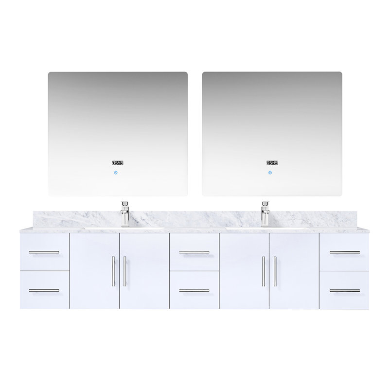 Blanc lustré 84 po De meuble-lavabo double P 22 po avec marbre, robinet, 36 miroirs à DEL - comptoir en marbre protégé