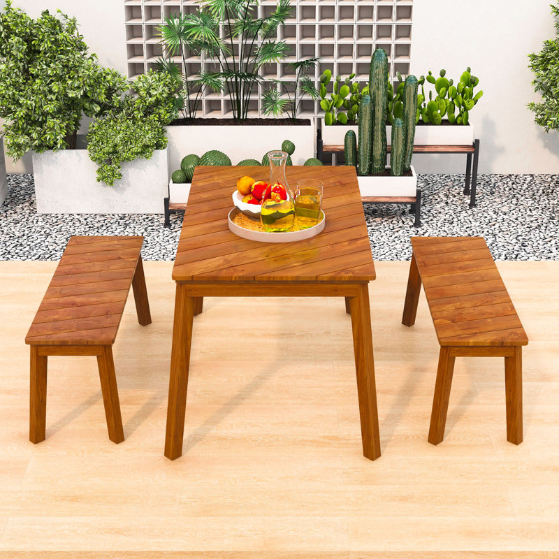 Ensemble repas d'extérieur 3 pièces avec table et 2 bancs pour patio, jardin ou porche