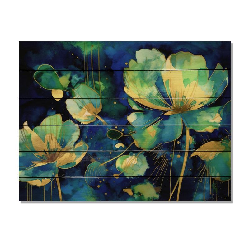 Étang de lotus vert bleu sur bois, H 10 po x l 20 po x P 0,78 po
