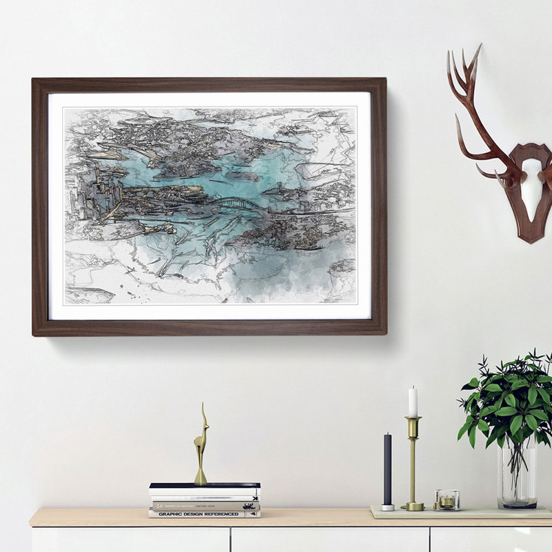 Birds Eye View of Sydney Australia in Abstract - Picture Frame Graphic Art Print, Walnut Framed, 48cm H x 65cm W x 2cm D