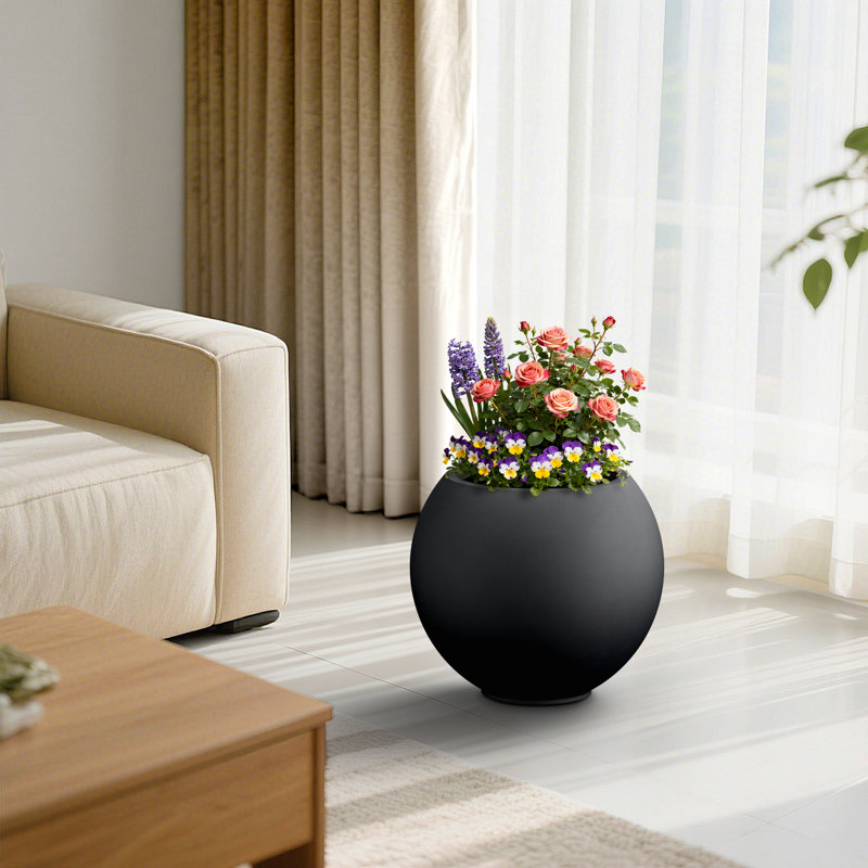 19.5 in. Large Matte Black Concrete Round Planter / Pot with Upgraded Interior with Drainage Holes for Indoor & Outdoor