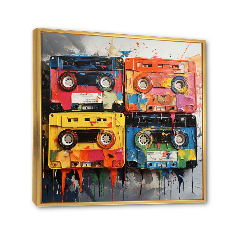 Popart Cassette Tapes VII, H 24 po x l 24 po x P 1 po, Cadre flottant doré