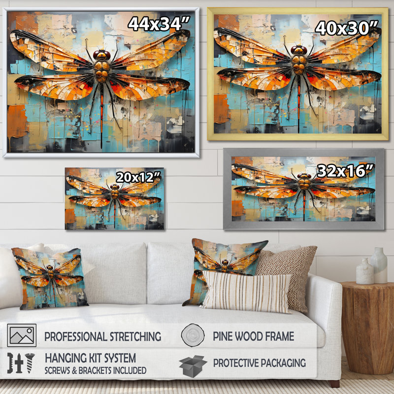 «Orange Dragonfly Insectes Flight Collage I», reproduction sur toile, Encadrement doré, H 34 po x l 44 po x P 1,5 po