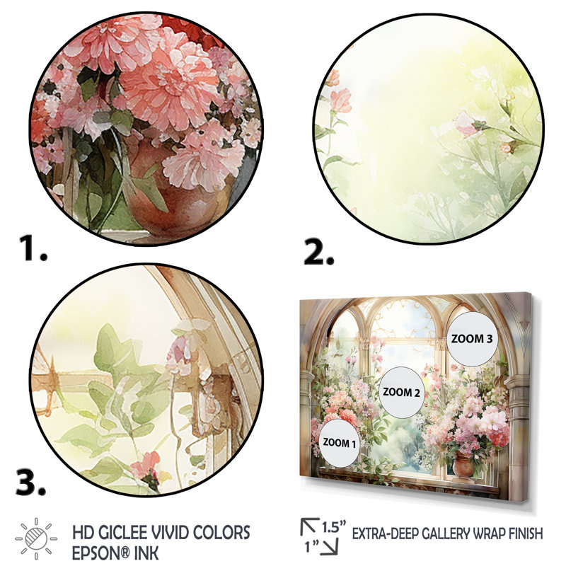 «Pink Blossoming Country Window Gaze V», reproduction d'art sur toile, Cadre flottant blanc, H 16 po x l 32 po x P 1 po