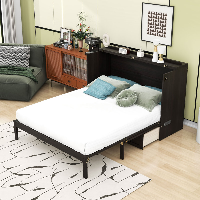 Grand lit escamotable en bois avec station de charge et 1 tiroir, Espresso