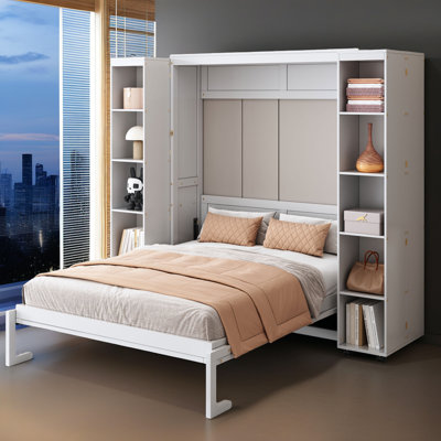 Queen Size Murphy Bed with Side Folding Cabinets Wall Bed with Storage and Hydraulic Lift