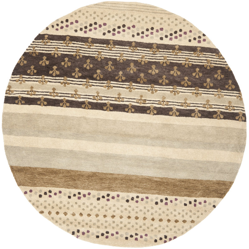 Tapis rayé en laine / coton touffeté à la main Eaton en ivoire / brun, Rond 7 pi