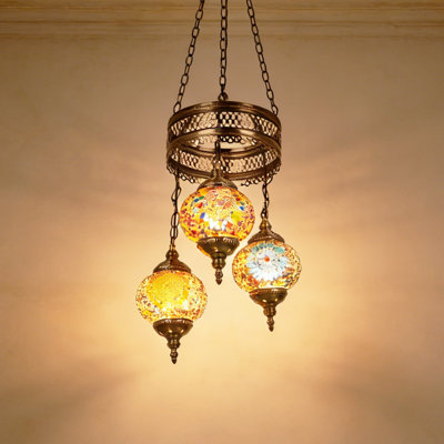3 Light Turkish Mosaic Glass Chandelier, Moroccan Globe Lamp
