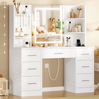 Makeup Vanity Table With Hd Lighted Mirror, Power Outlet,7 Drawers,4 Shelves,5 Jewelry Hooks by Latitude Run