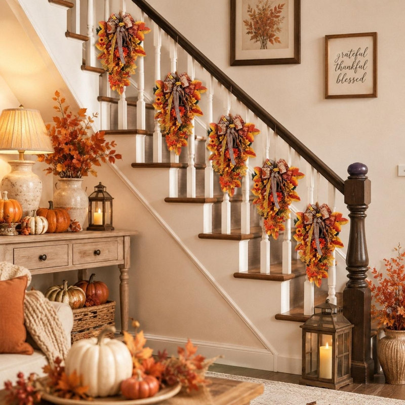Décoration de porte d'automne en forme de larme avec un arc à carreaux Buffalo, des feuilles de tournesol et d'érable, décoration de porte de l'Action de grâce