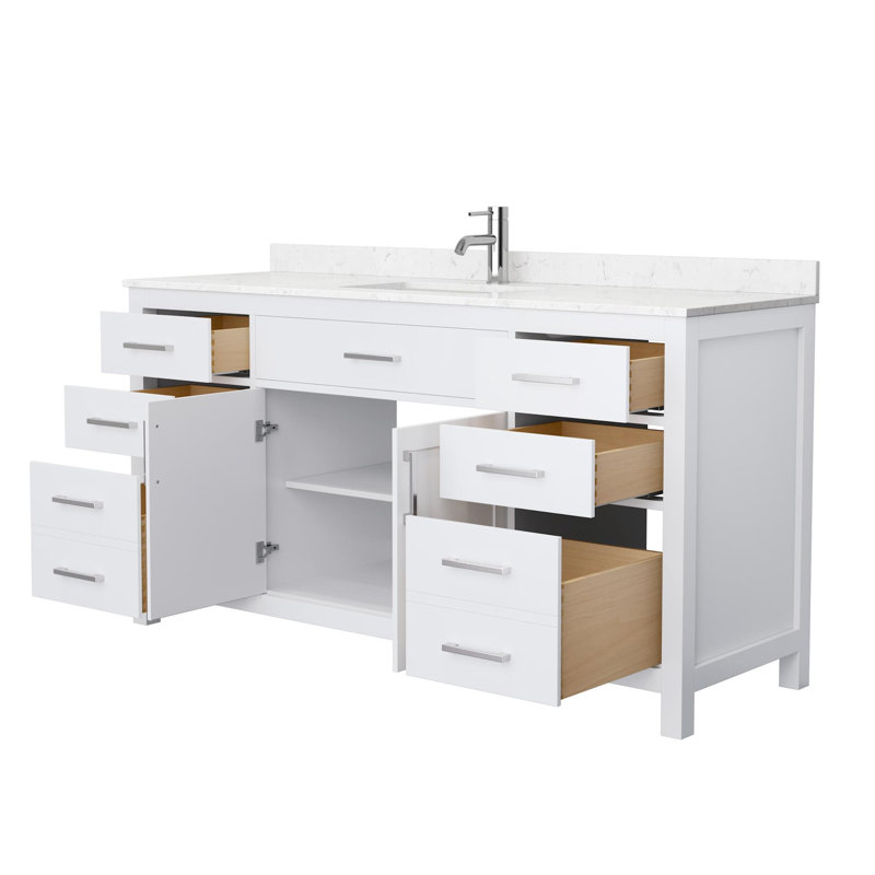 Beckett 66" Freestanding Single Bathroom Vanity with Cultured Marble Top, White, Carrara Cultured Marble, Brushed Nickel