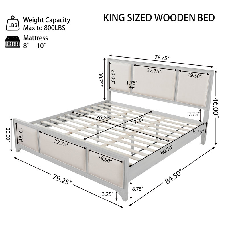 Base de lit plateforme en bois avec tête de lit tapissier Tatum, Beige et blanc, Très grand lit