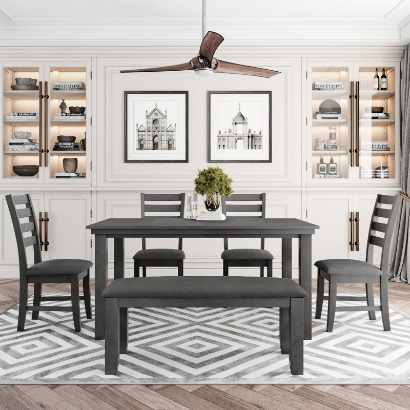 Dining Room Table and Chairs with Bench, Rustic Wood Dining Set, Set of 6, Gray, Gray