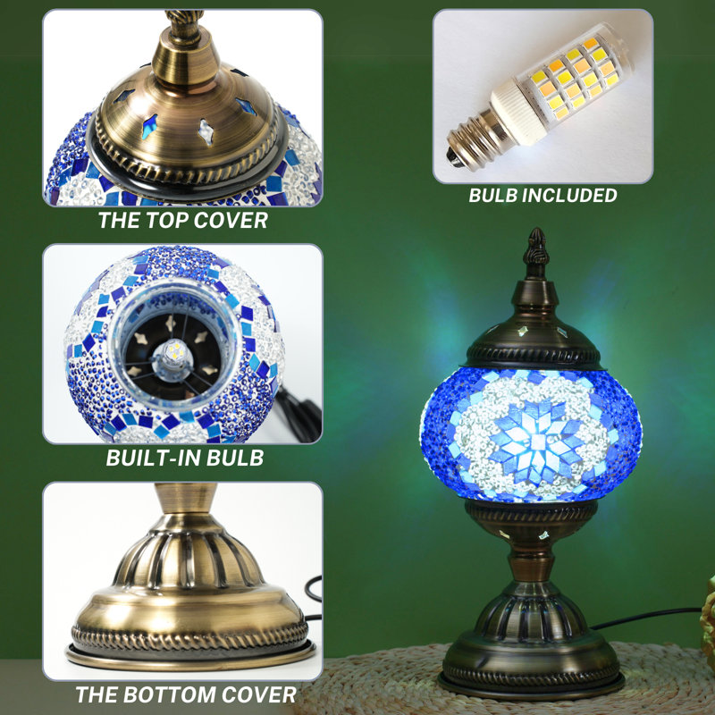 Turkish Moroccan Mosaic Table Lamp, Handmade Glass Bedside Night Light, Metal Base, Decorative Lantern for Bedroom, Living Room - Bulb Included