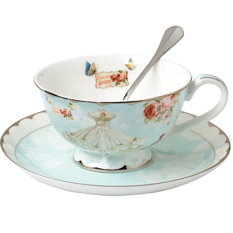 Ensemble de tasses à thé et soucoupe vintage en porcelaine royale avec cuillère, ensemble de 7 tasses de fleurs roses