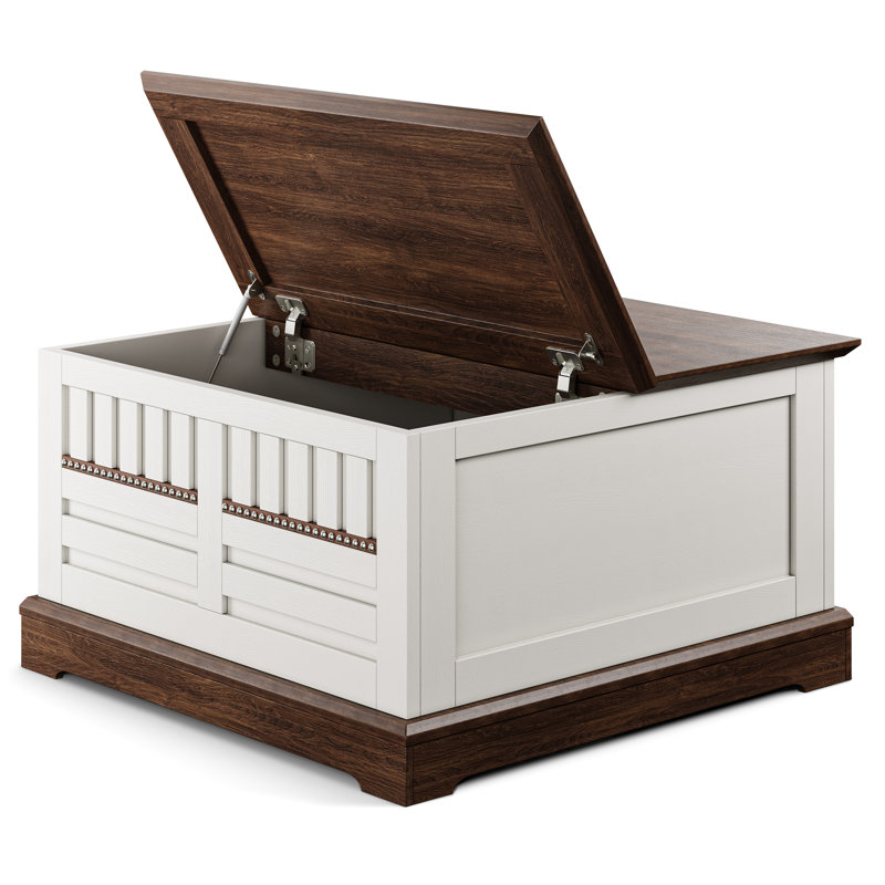Farmhouse Lift-Top Coffee Table, 31.5" Square, Large 56 Gal Hidden Storage, Swinging Barn-Door Design, Rustic White & Walnut, Hydraulic Lift & Soft-Close Flip Top