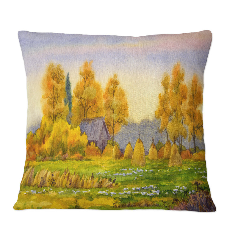 Bottes de foin sur un champ de campagne en couleurs d'automne - Coussin décoratif à imprimé champêtre, 16 po x 16 po