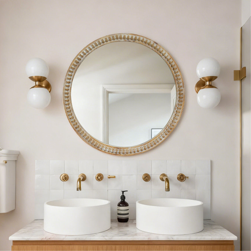 Miroir mural rond rond, miroir à cadre perlé en bois vieilli de 23,62 po pour hall d'entrée, salon, salle de bain, miroir décoratif de style maison de campagne