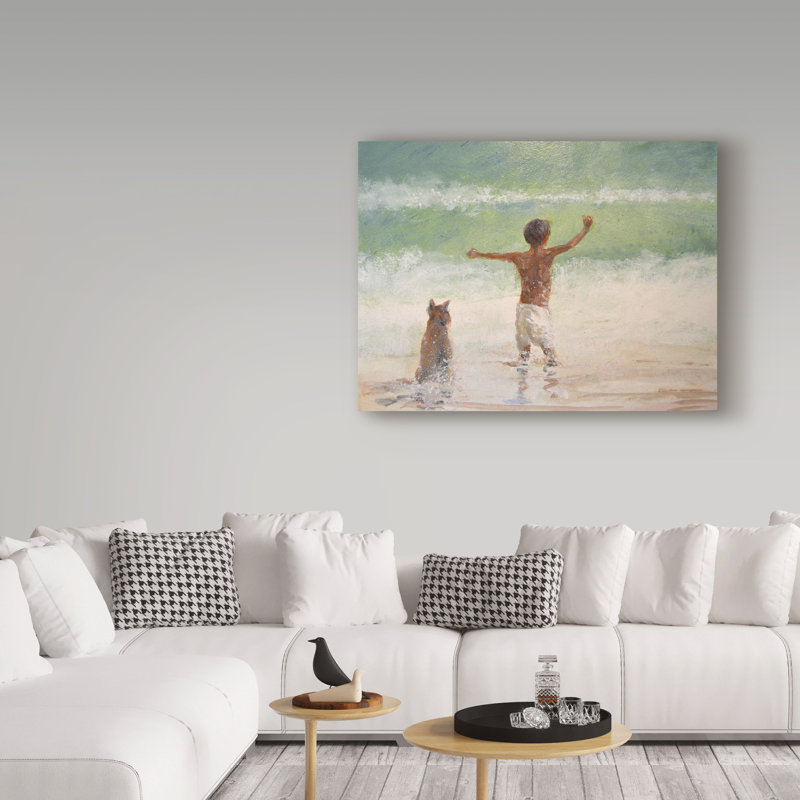 «Boy and Dog, Lifeguard» par Macneil, reproduction de peinture à l'huile sur toile tendue, H 35 po x l 47 po x P 2 po