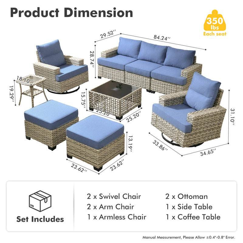 Ensemble de conversation d'extérieur en rotin pour 7 personnes avec chaises berçantes pivotantes, Bleu