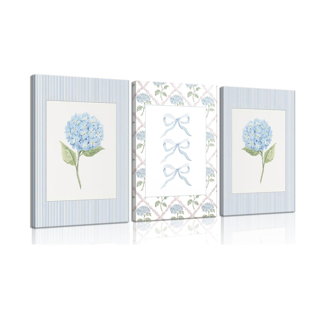 Blue Hydrangea Canvas Wall Art Trendy Watercolor Bow Coquette Paintings Pictures Wall Decor Coastal Preppy Aesthetic Posters Prints For Girly Room Bed