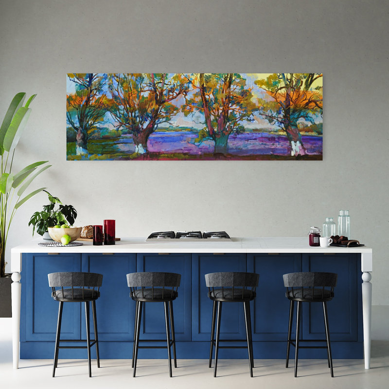 «Vibrant Autumn Trees», art contemporain mural, paysage abstrait, H 60 po x l 20 po