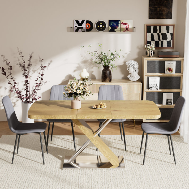 Rectangular Extendable Dining Table set, Natural, 5, Gray
