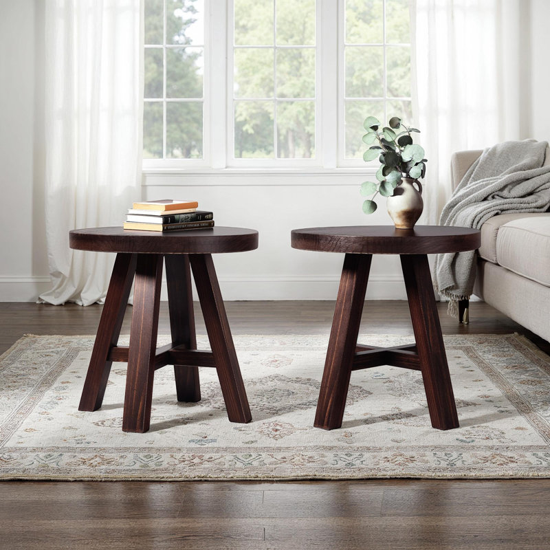 2-Pack Modern Farmhouse Rustic Solid Wood 18" Circle Side Tables