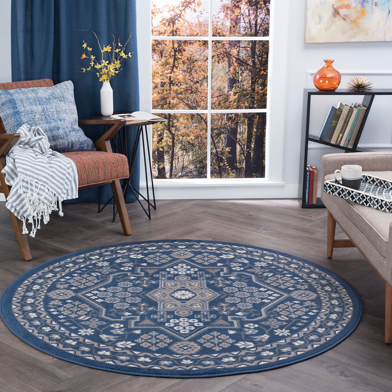 Oriental Navy/Dark Blue Indoor Area Rug for Living Room, Dining Room, Bedroom, Round 7'10"