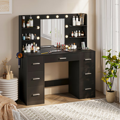Makeup Vanity with USB Outlet & 3-Color Adjustable Lights - Large Storage Dressing Table with 7 Drawers, Side Hair Dryer Holder, Mirror for Bedroom by Latitude Run
