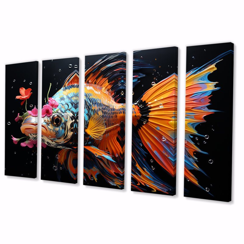 «Pink Butterfly Fish Ocean Dance - Butterfly Fish», art mural 5 pièces pour le salon, H 28 po x l 60 po