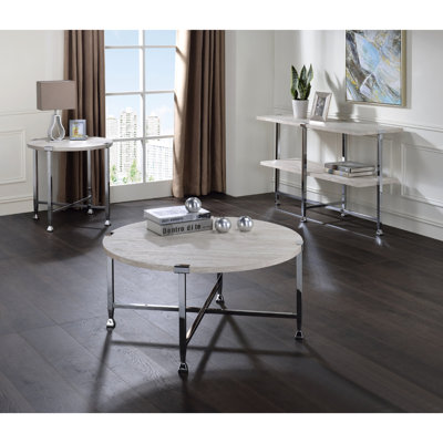 Table basse ronde avec placage en papier de chêne blanc + pieds en métal et en Pb, 36 po de largeur, 18 po de hauteur, pour un soutien moderne des pieds, dimensions, hauteur, rassemblements décontractés