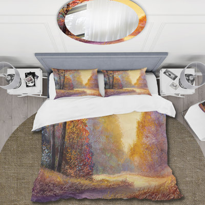 Path In The Autumn Forest Orange Leaves Landscape Polyester Twill Duvet Cover