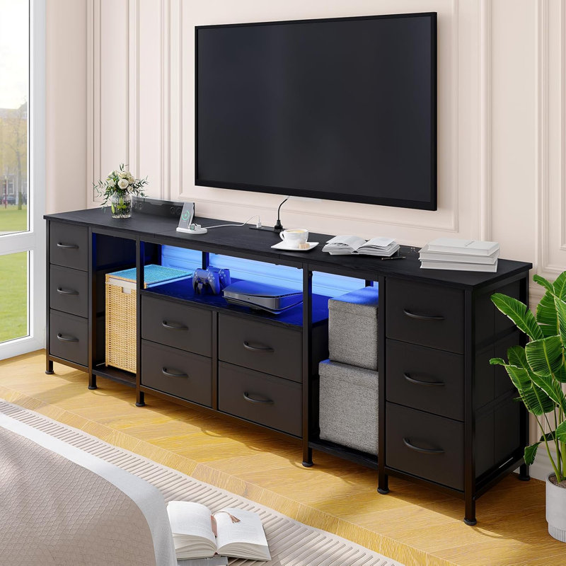 10-Drawer TV Stand with Fabric Drawers, Power Outlets, and Open Shelves, Entertainment Console for TVs up to 75"