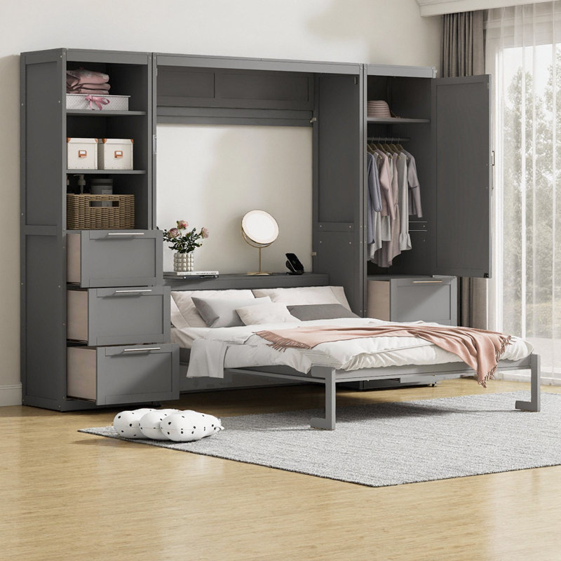 Gray Queen Size Murphy Wall Bed with Integrated Closet, Drawers, and Shelves - Space-Saving Storage Furniture for Modern Homes