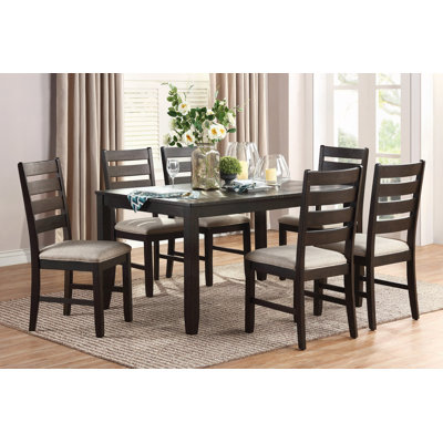 7Pc Dining Set Table And 6 Side Chairs Beige Upholstery Seat Ladder Back Wooden Kitchen Dining Furniture
