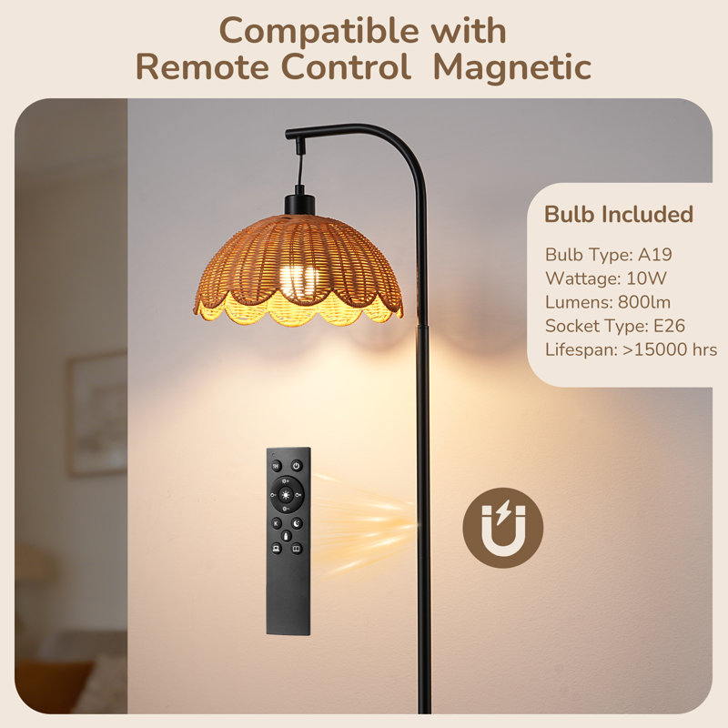 Boho 64“ Rattan Arched/Arc Floor Lamp With Remote Control, Dimmable Bulb Included