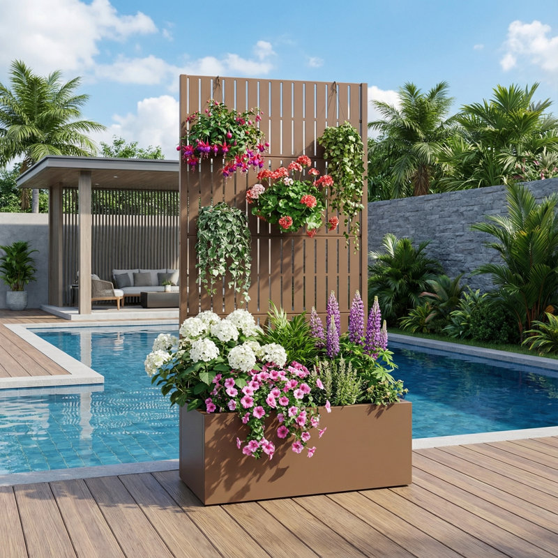 Boîte à fleurs en métal avec treillis, Brun