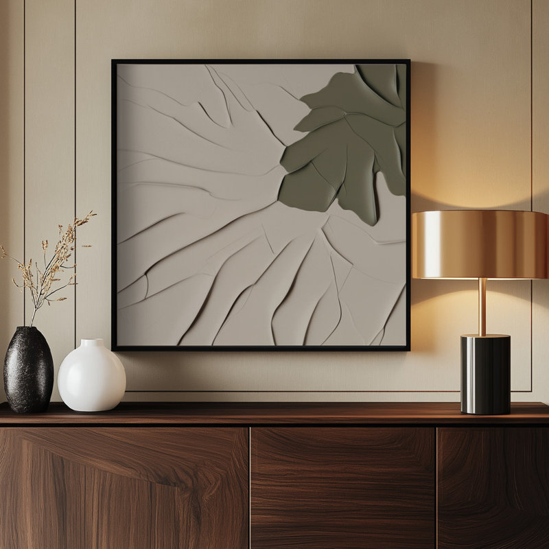  Décoration murale botanique neutre avec des formes beiges et des feuilles de palmier vertes S Croquis Faune V | 20 po x 20 po | Cadre noir