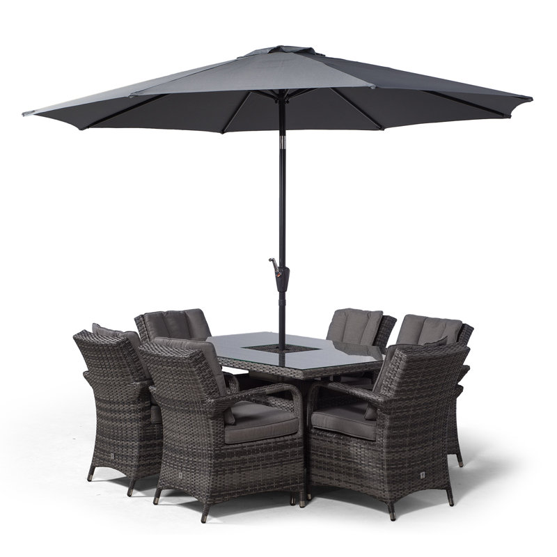 Karas 6 Seater Dining Set with Cushions and Parasol, Grey