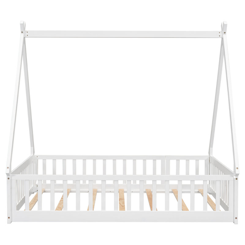 Lit double pleine grandeur en forme de tente avec garde-corps, porte et plateforme à lattes - Lit pour enfant en bois de pin, blanc