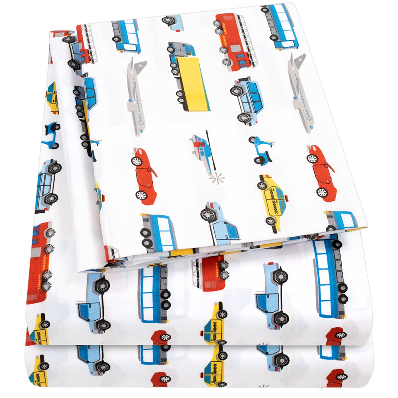 Blue Transportation Print Microfiber Twin Kids Sheet Set