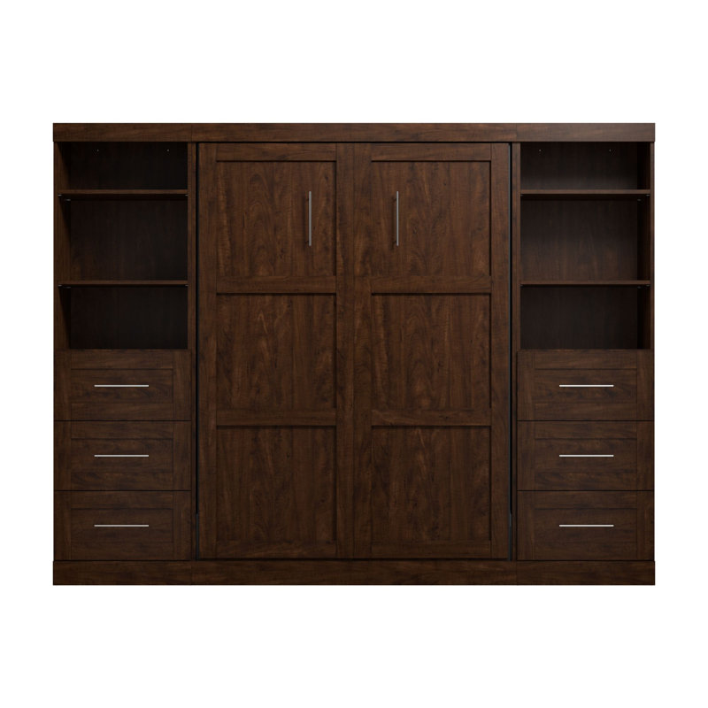 Arlex Storage Murphy Platform Space-Saving Wall Bed, 2 Shelving Units with Drawers, Chocolate, Full