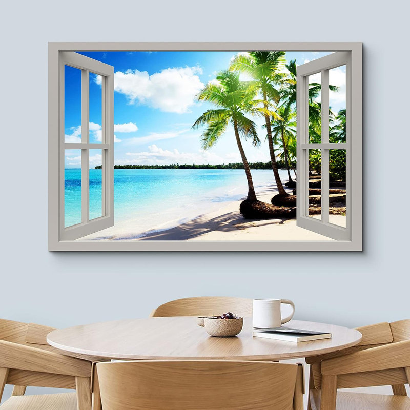 Ciel nuageux, bleu sarcelle, plage tropicale, palmiers, nature, sur toile, H 12 po x l 18 po x P 1,5 po