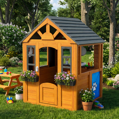 Wooden Outdoor Playhouse for Kids with Play Kitchen, Chalkboard, Doorbell & Pet Nook, Backyard Garden Wooden Cottage for Toddlers, Natural Wood