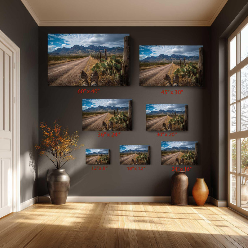 Texas Cowboy Bottes, reproduction d'art sur toile - Rustic Desert Road, art mural, H 24 po x l 36 po