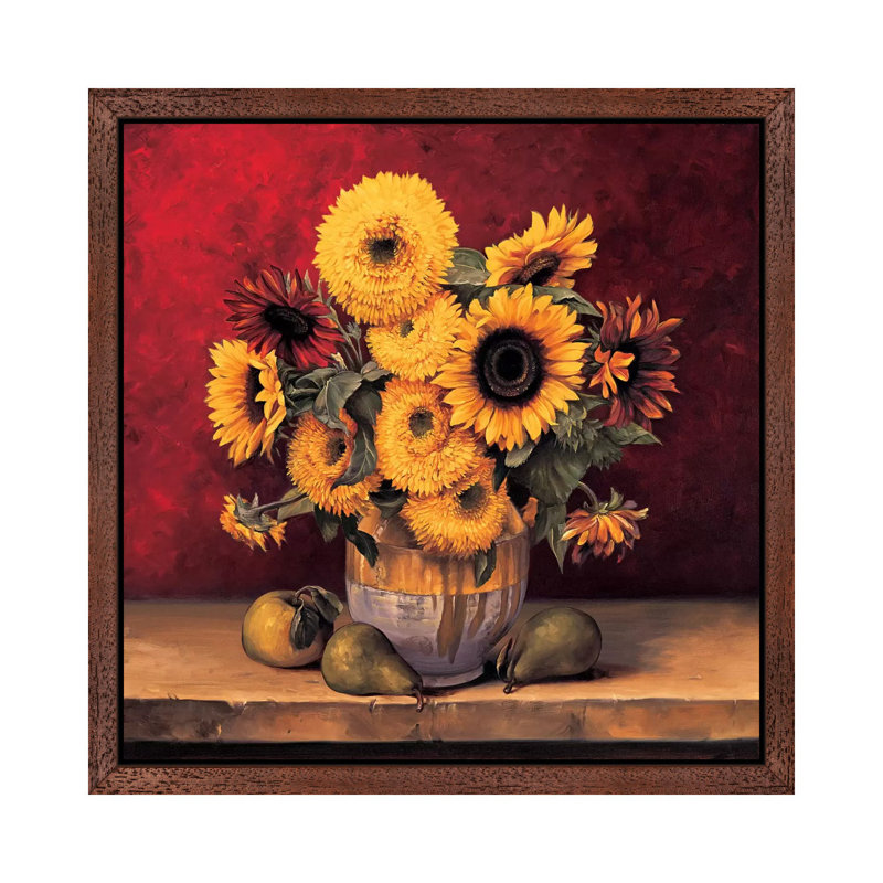 Sunflowers With Pears by Andres Gonzales - Floater Frame Print on Canvas, 45.72 cm H x 45.72 cm W, Brown Framed