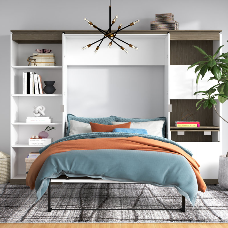 Lit escamotable double avec étagère et bureau escamotable Camalla, Blanc / gris noyer