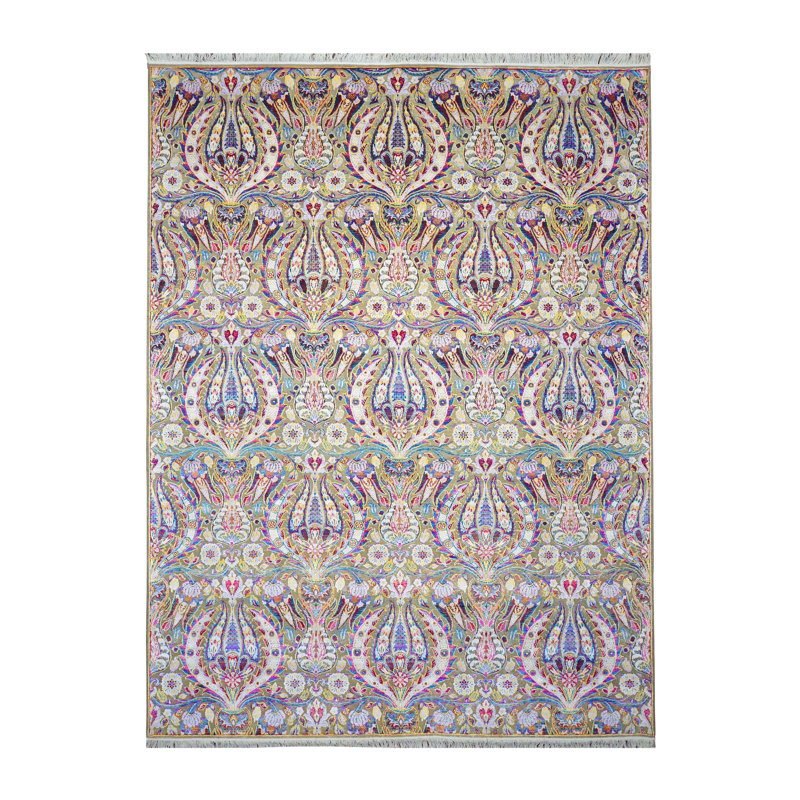 Hand Woven Silk and Wool Floral Area Rug, Rectangle 9' x 12'